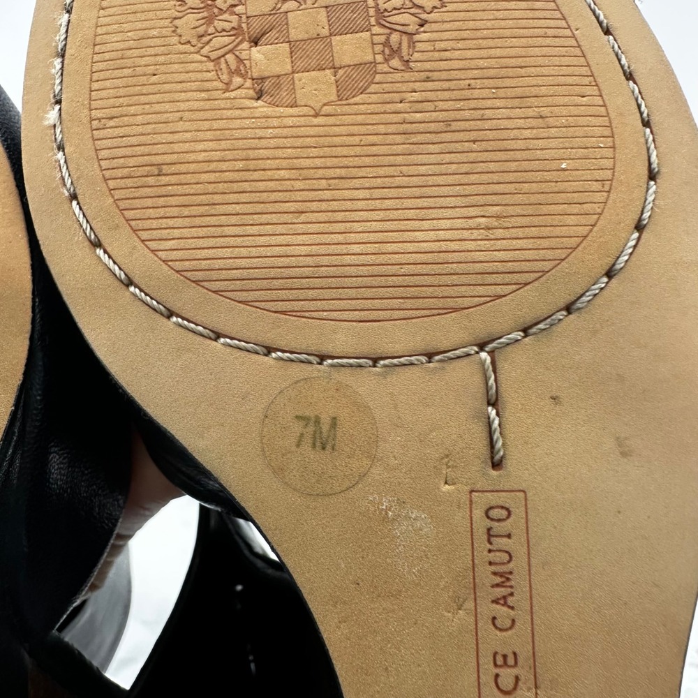 Vince Camuto Black Leather Wood Wedge Peep Toe Slides Sandals‎ Womens Size 7M - Picture 7 of 7